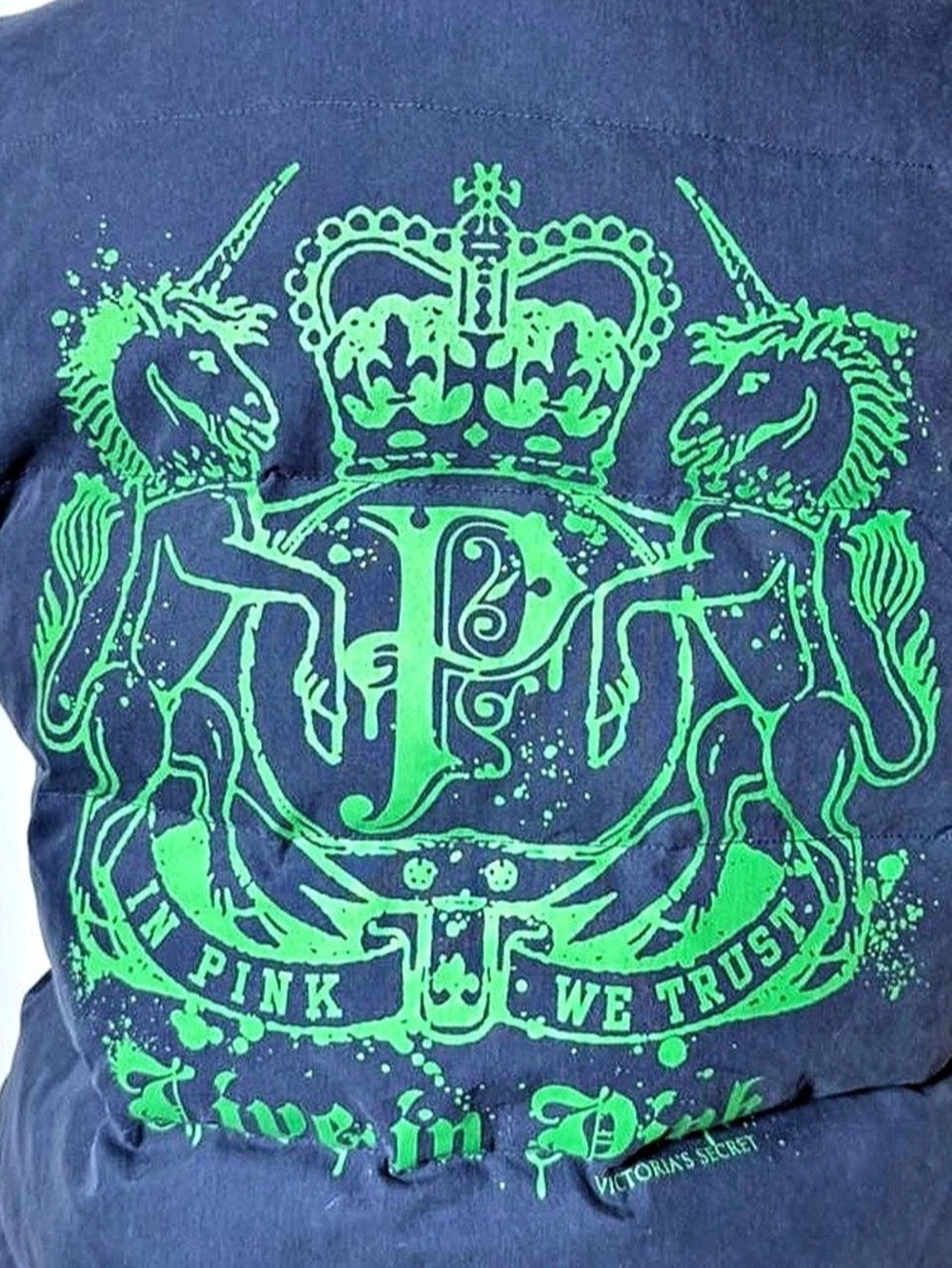 Vintage Victoria’s Secret green and blue unicorn reversible puffer vest